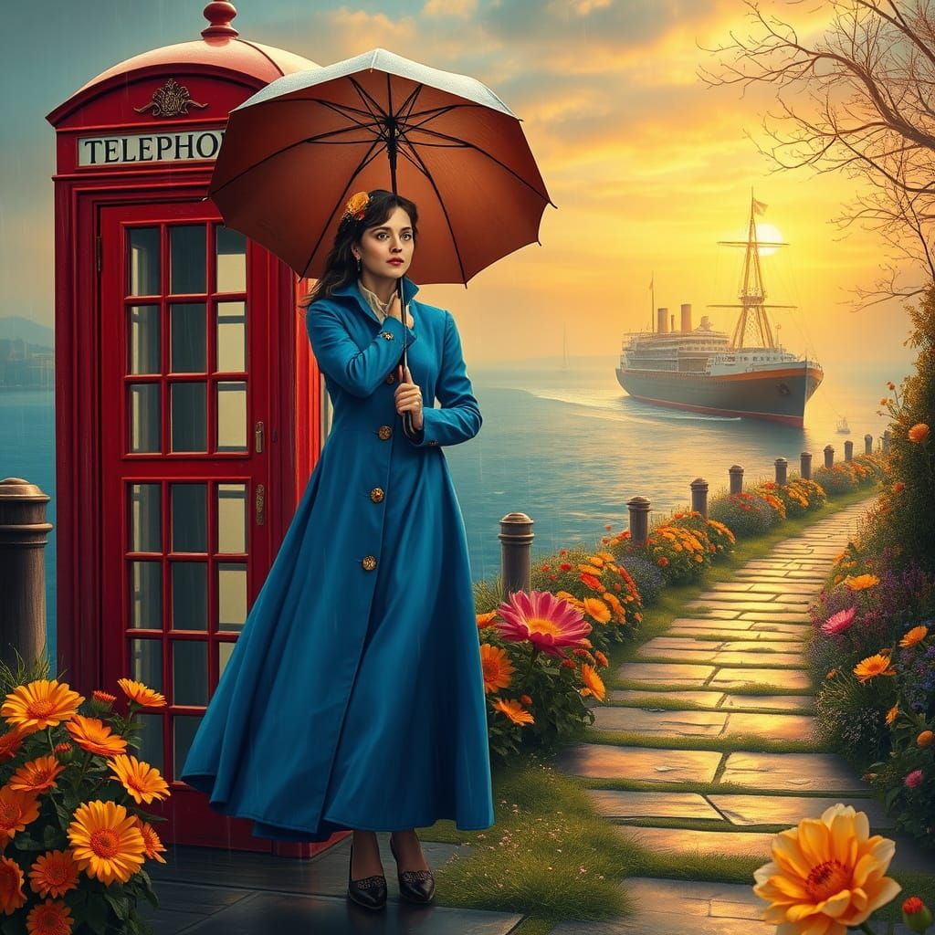 Woman in Blue Coat Stands Beside Red Telephone Booth Amidst ...