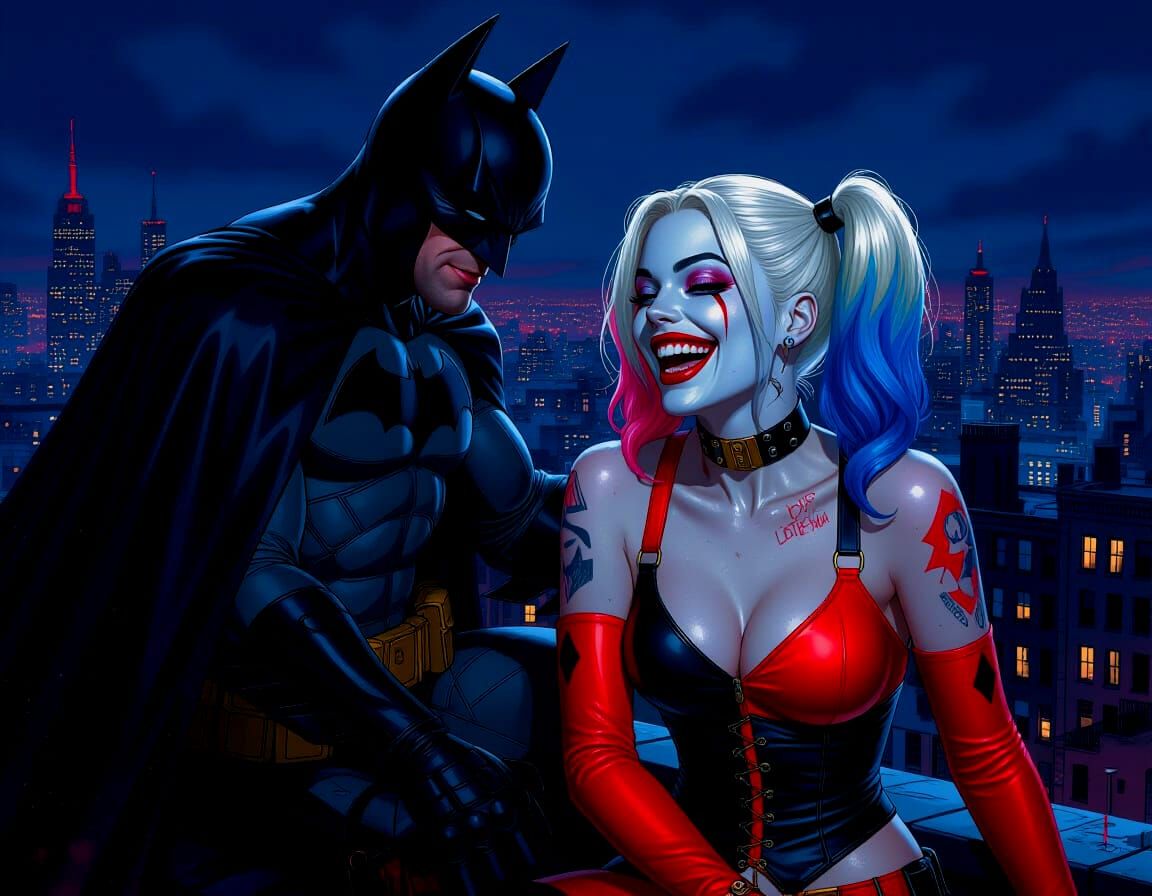 Harley Quinn Laughs at Bodybuilder Batman on City Rooftops