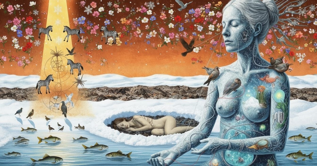 Surreal Winter Transformation: Woman's Resilience as Collage