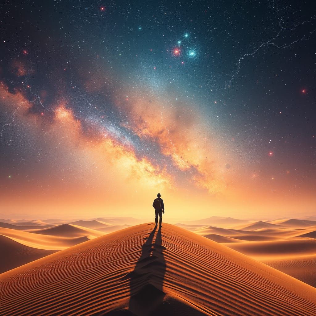 Ethereal Traveler in Cosmic Desert Landscape