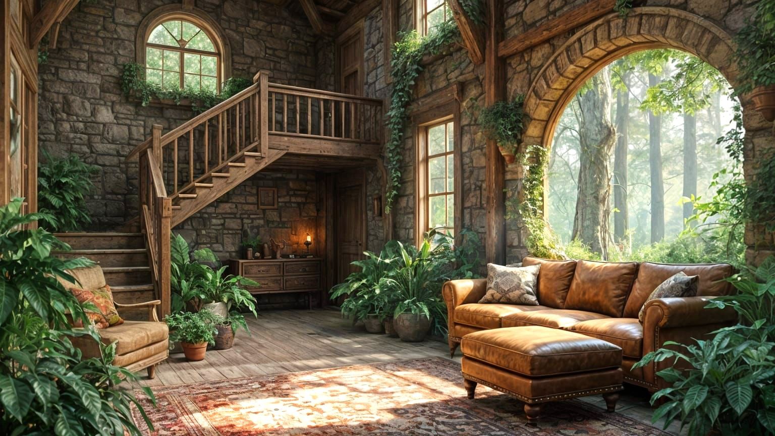 Rustic Elven Cottage Living Room with Balcony