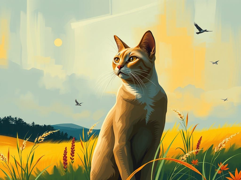 Giant Smooth Cat with Long Neck in Abstract Art