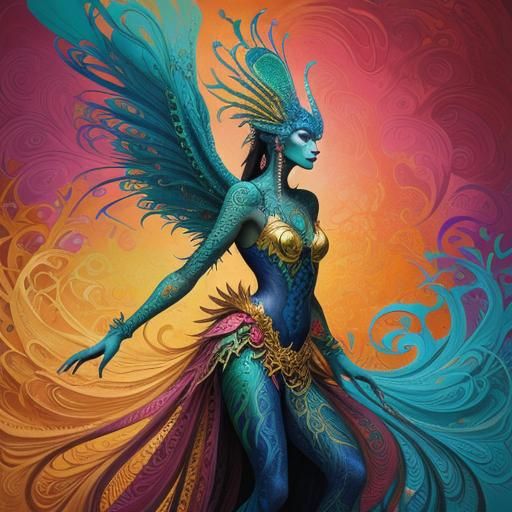 Dragon Peacock Woman in Abstract Expressionist Style