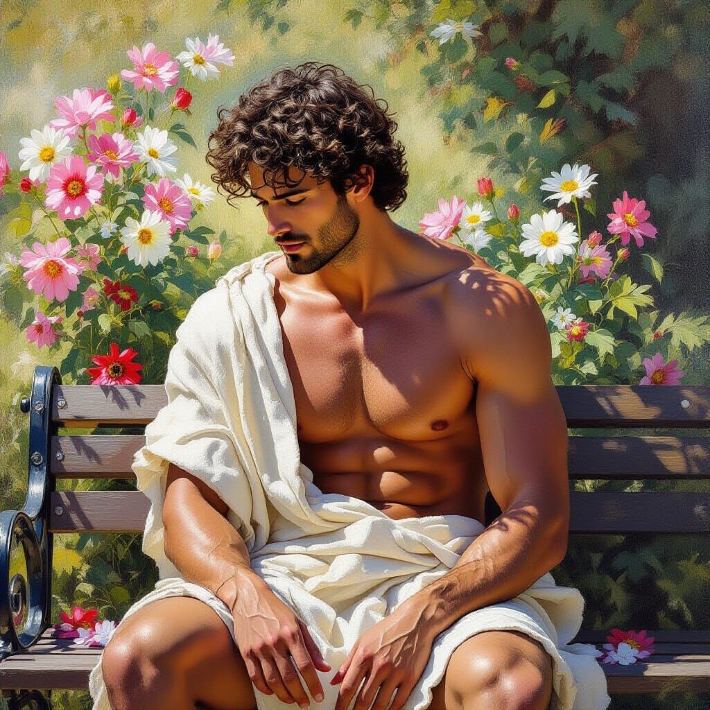 Peaceful Man in Toga Contemplating Flowers