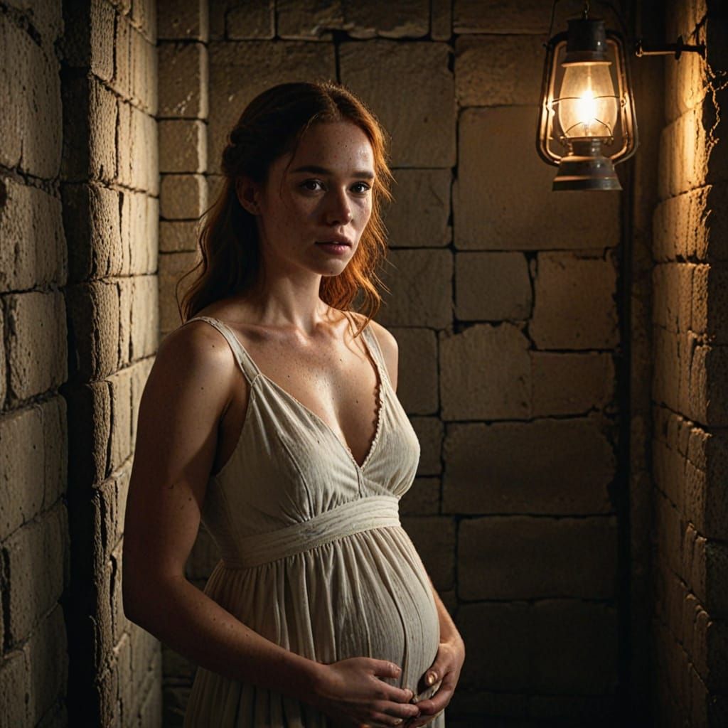 Pregnant Woman in a Haunting Prison Cell Scene, in a Cinemat...