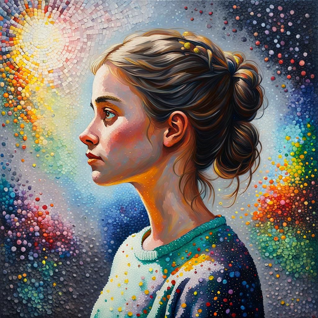 Pointillist Oil Painting of Person Gazing at Art