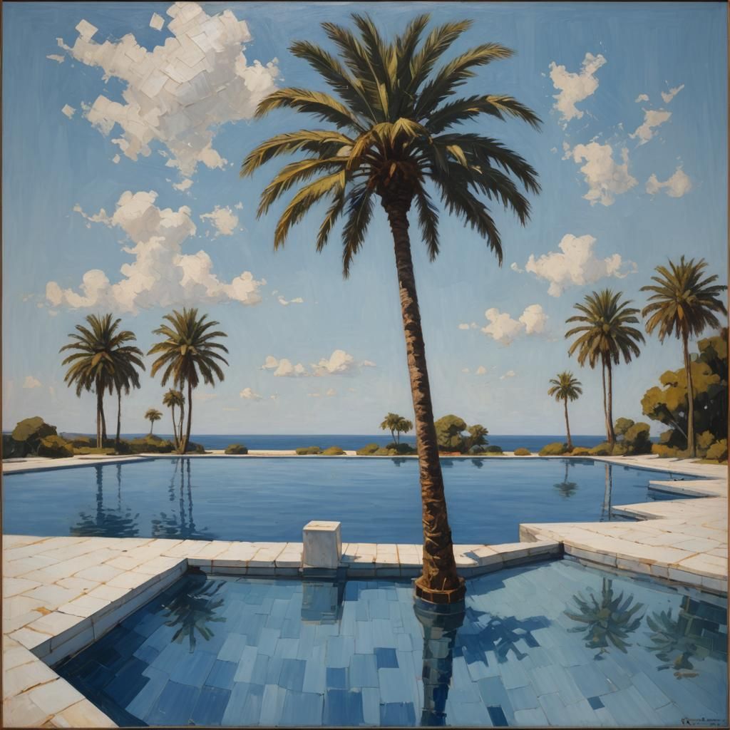 Minimalist Palm Tree Pool in Mondrian Art Style