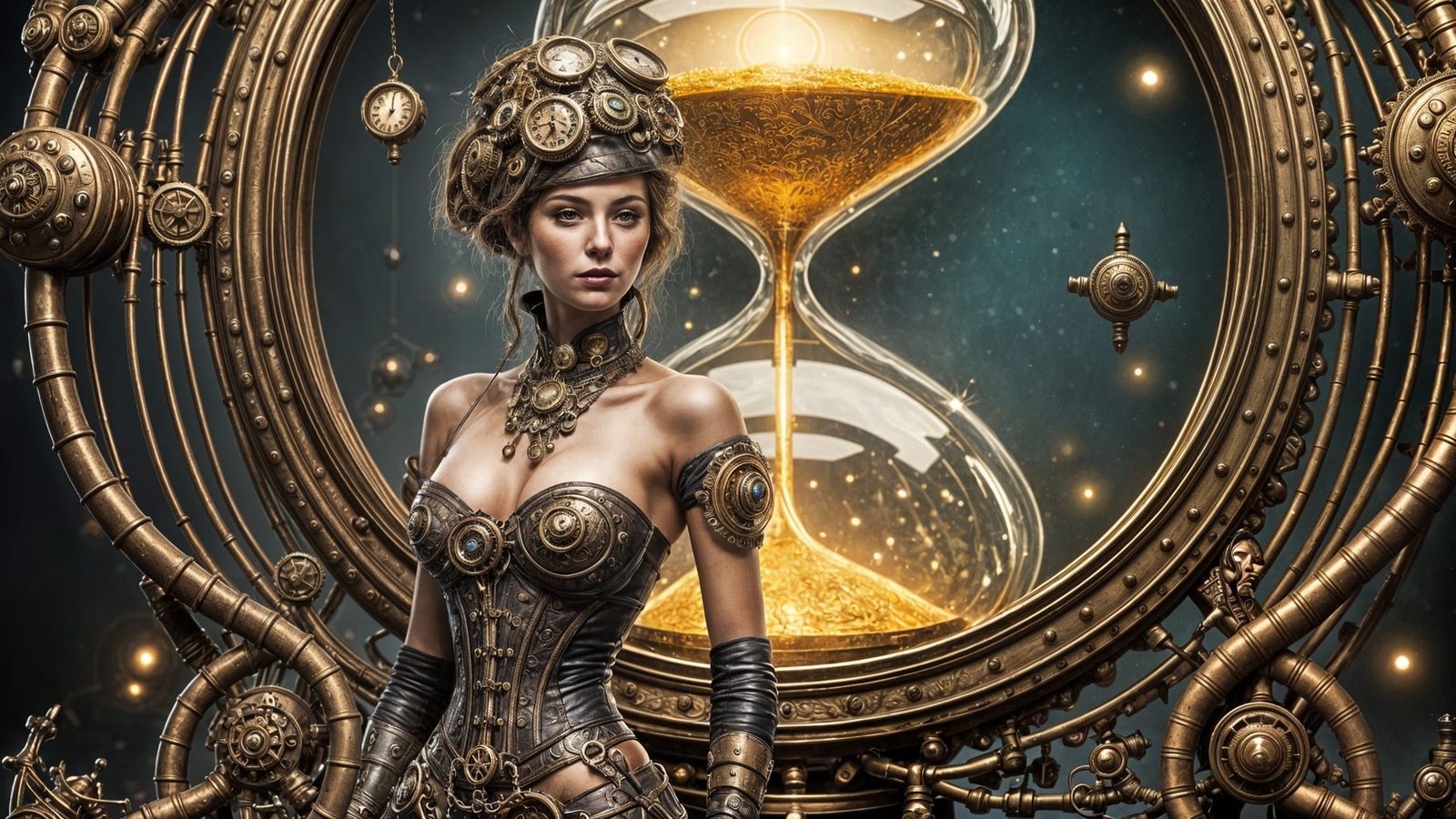 Steampunk Time Traveler in an Hourglass