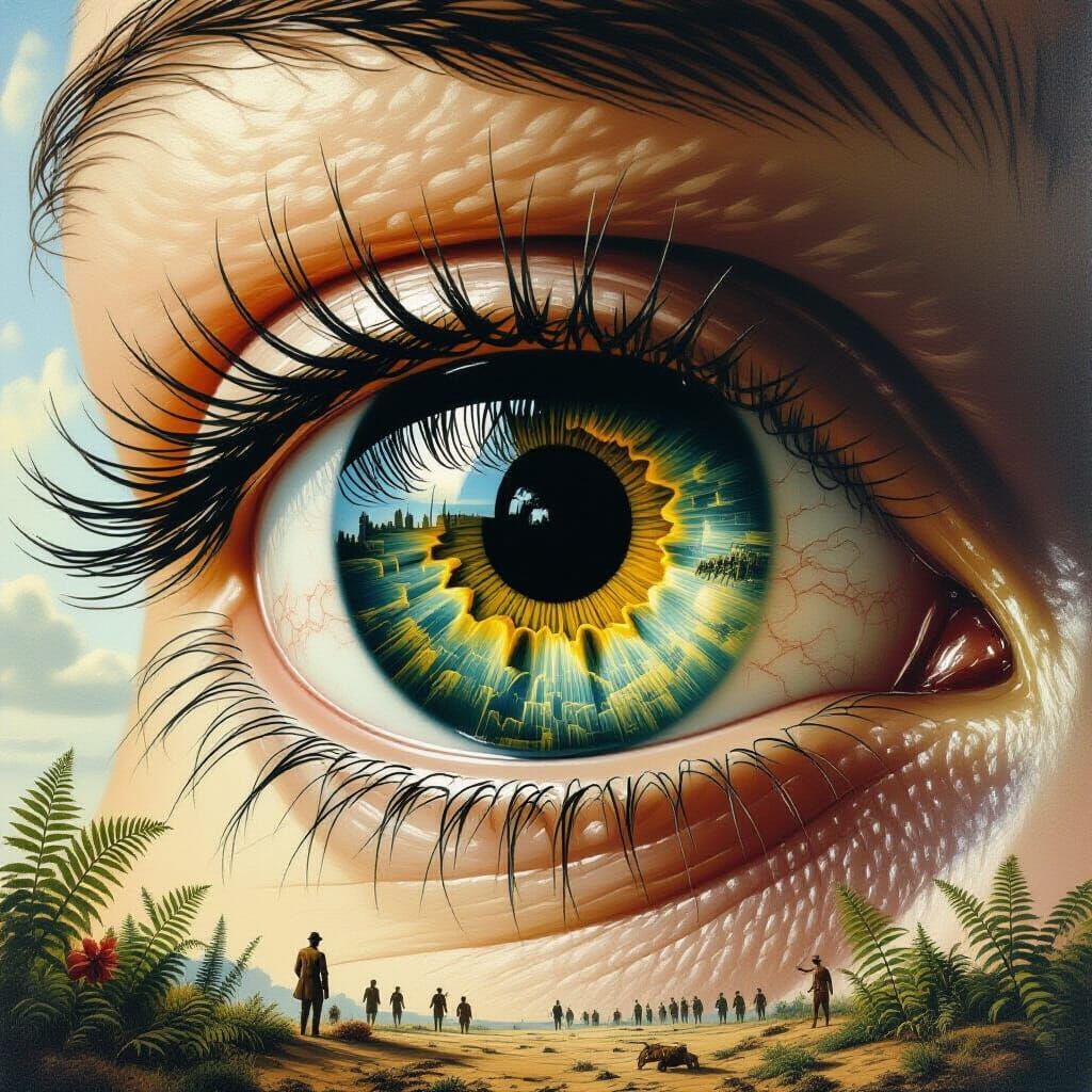 Surreal Eyeball Reflecting Battlefield in Void