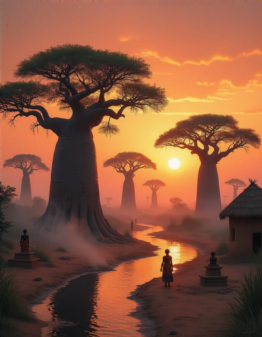 Afrofuturist Baobabs Under Aurora Skies