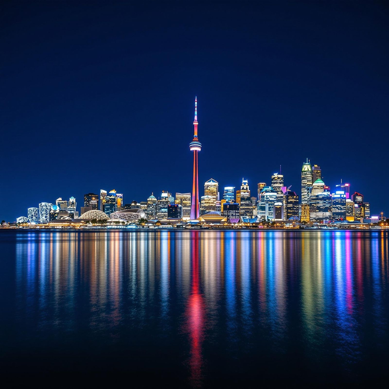 Toronto Cityscape at Night Reflected on Lake Ontario
