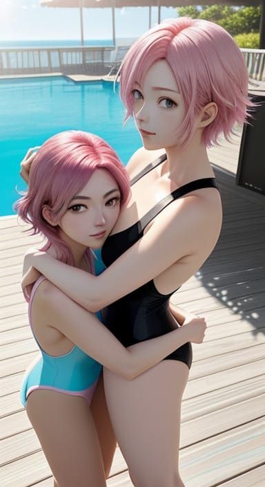 Vibrant Anime Friends Share a Warm Hug Under a Pastel Summer...