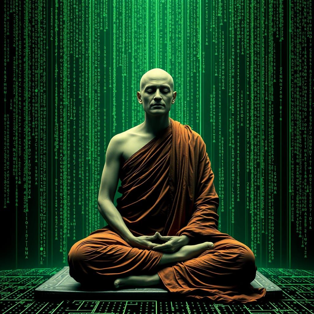 Vedantic Monk Contemplates in a Cyberpunk Matrix