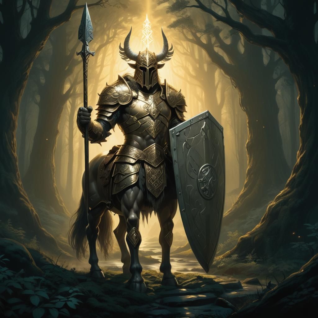 Armored Centaur Guarding Mystical Forest Entrance