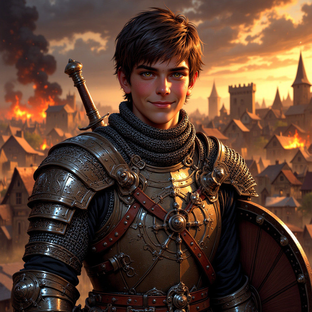 Young Warrior Stands Before Burning Village