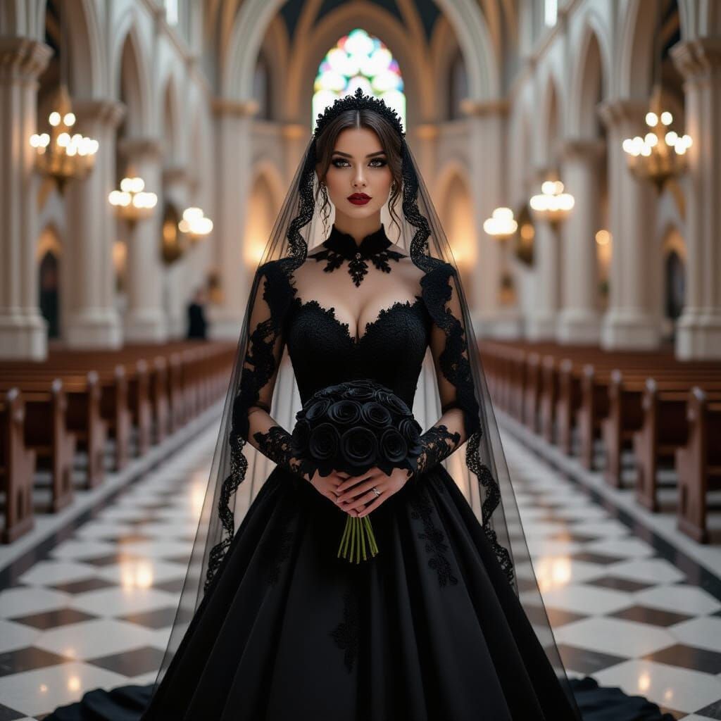 Gothic Bride in Medieval Cathedral with Black Roses