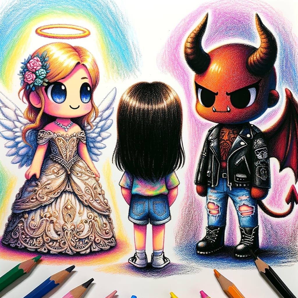 child's crayon colored pencil drawing, conscience duality pa...