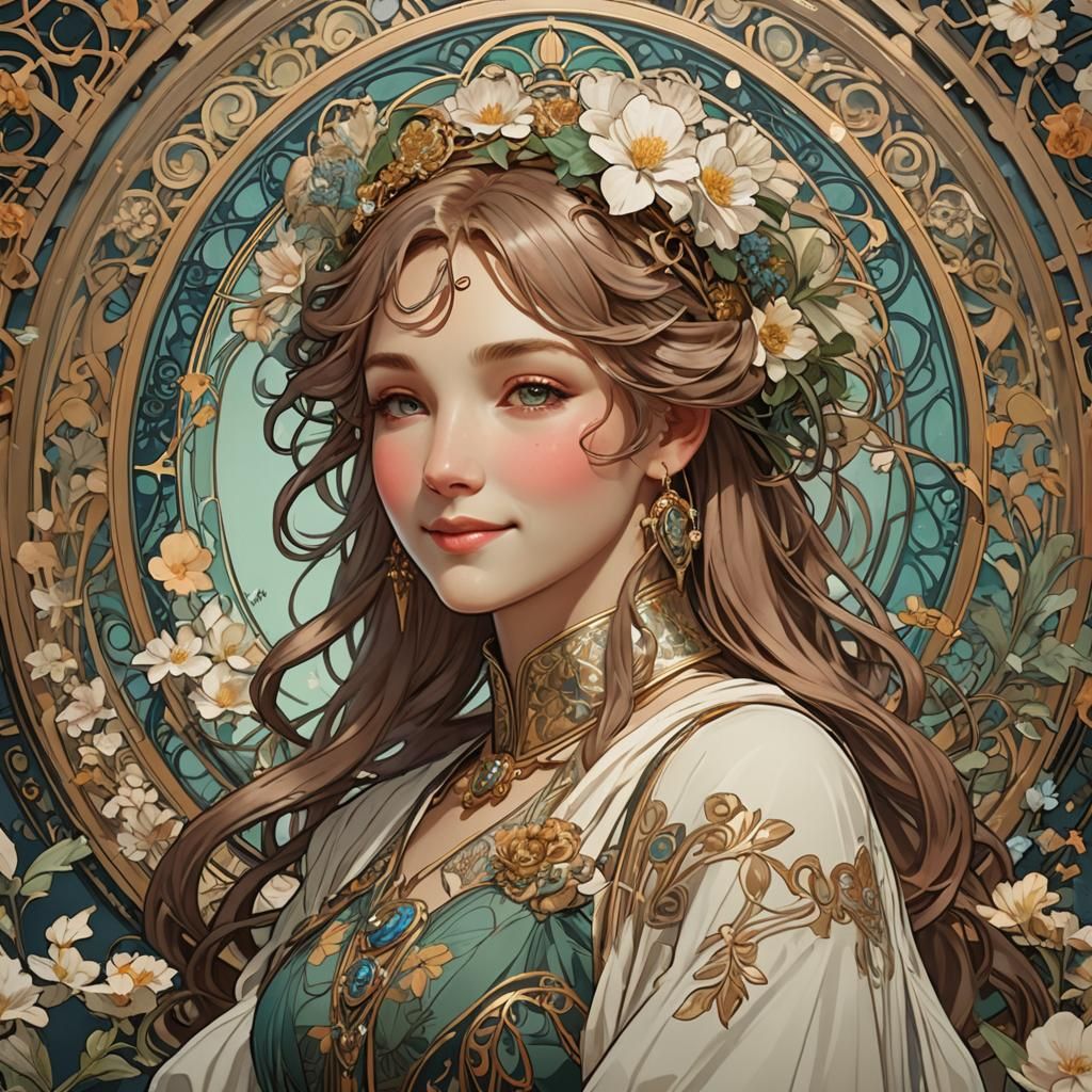 Art Nouveau Woman Smiling in Jugendstil Style