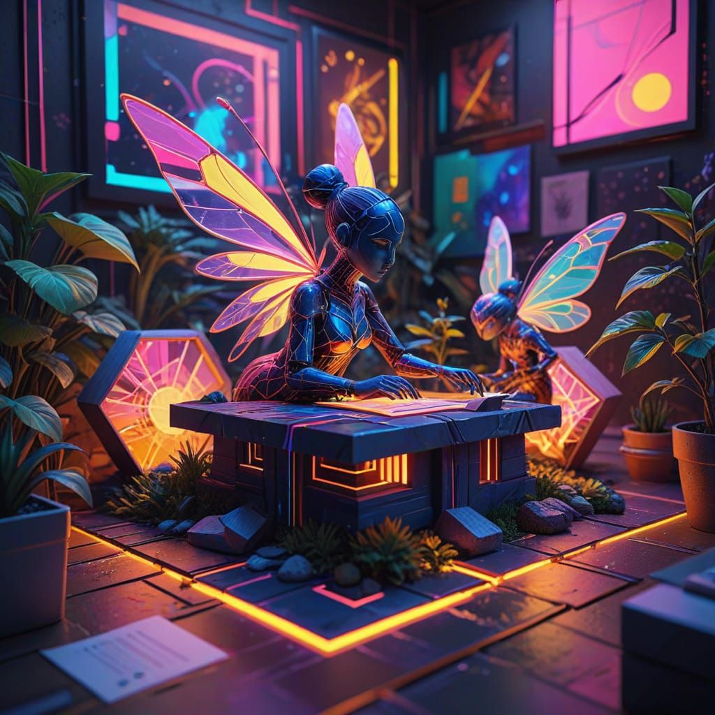 Cubist Fairies Grappling with AI in Zen Garden Office