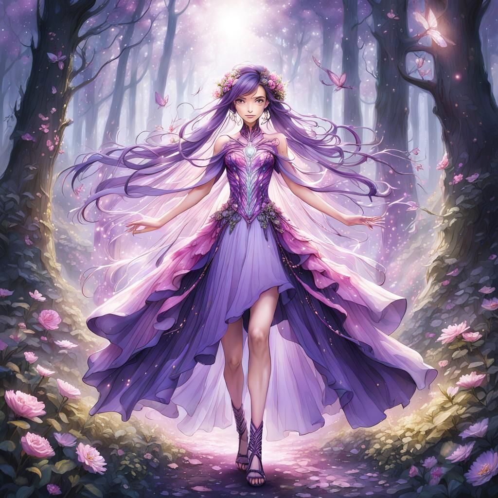 Beautiful Girl with Purple Hair in Summer Forest