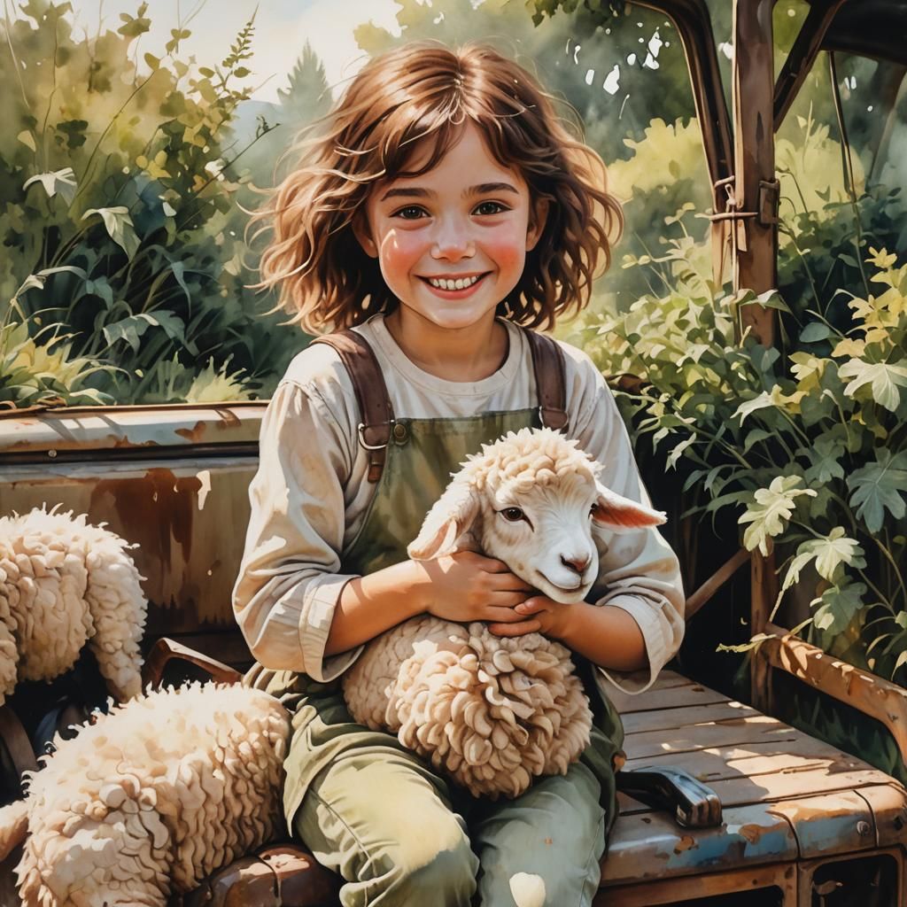 Girl with Lamb: Surreal Dreamy Oil Painting