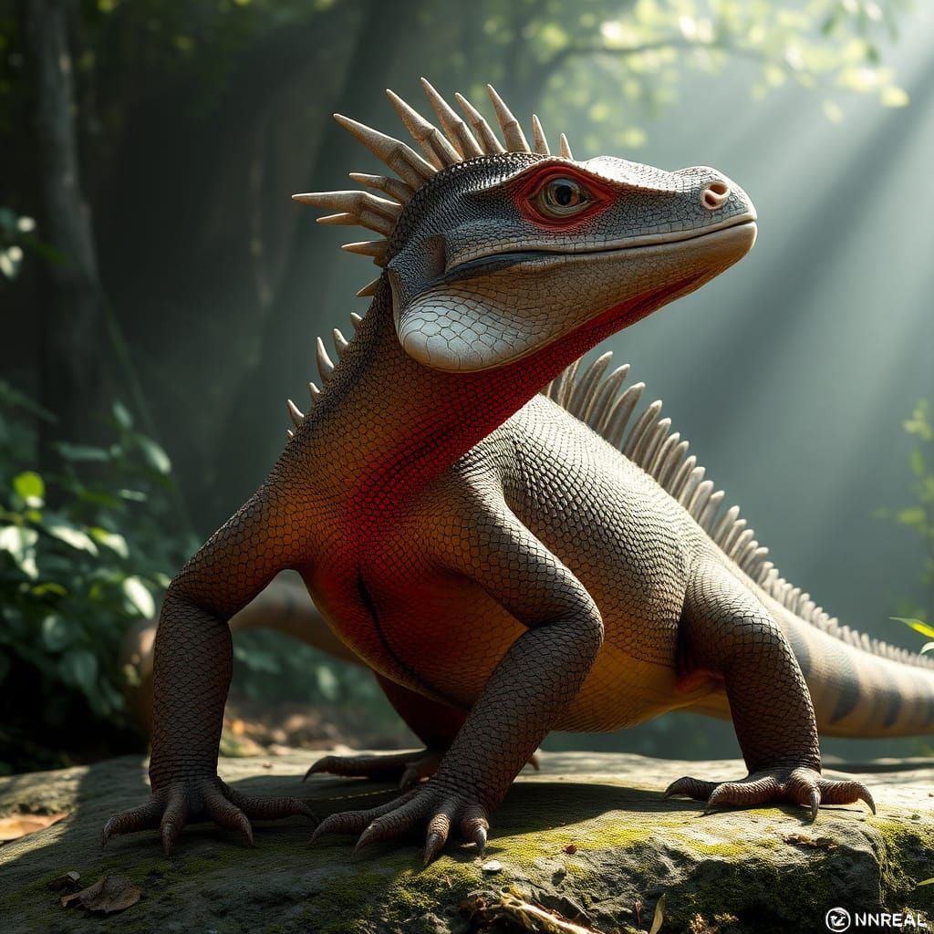 Australian Water Dragon in Lush Environment, Digital Renderi...