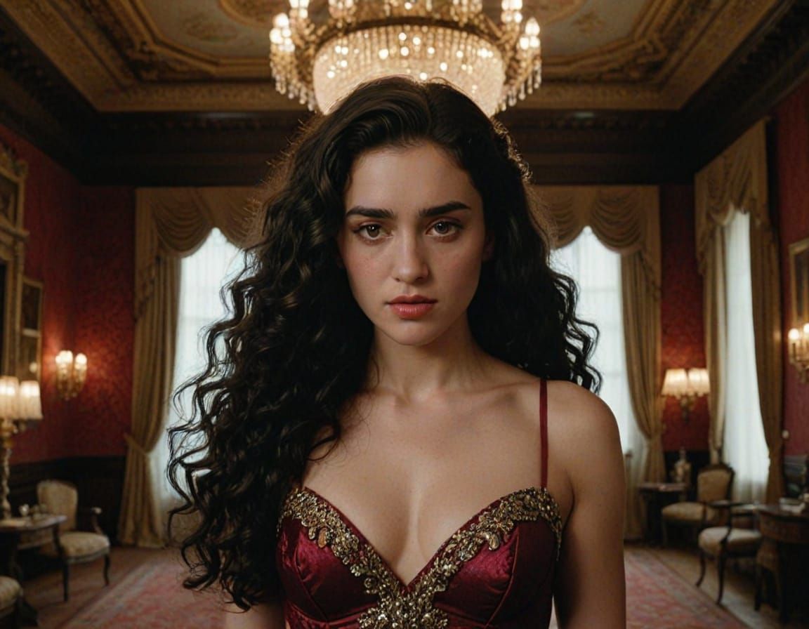 Intense young woman with long, thick, curly black locks casc...