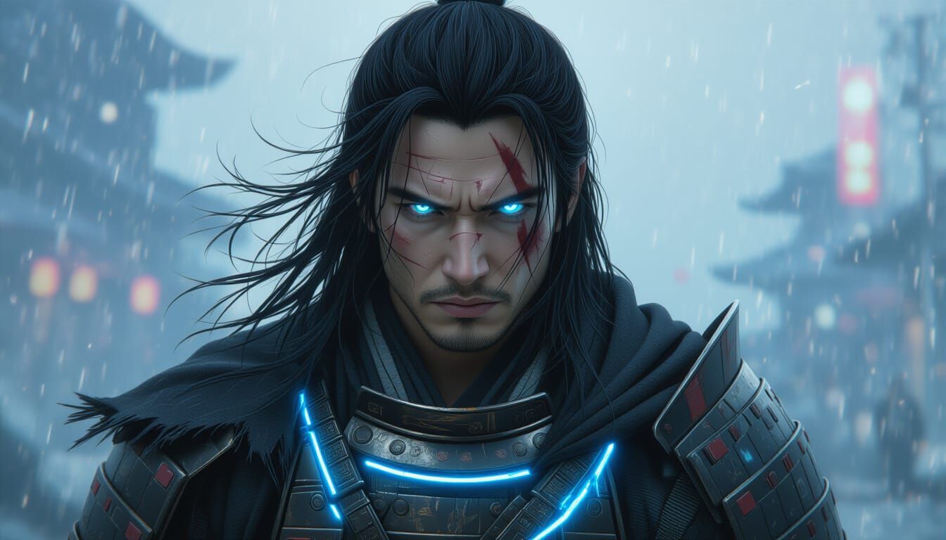 Lone Warrior in Dystopian Cyberpunk Atmosphere