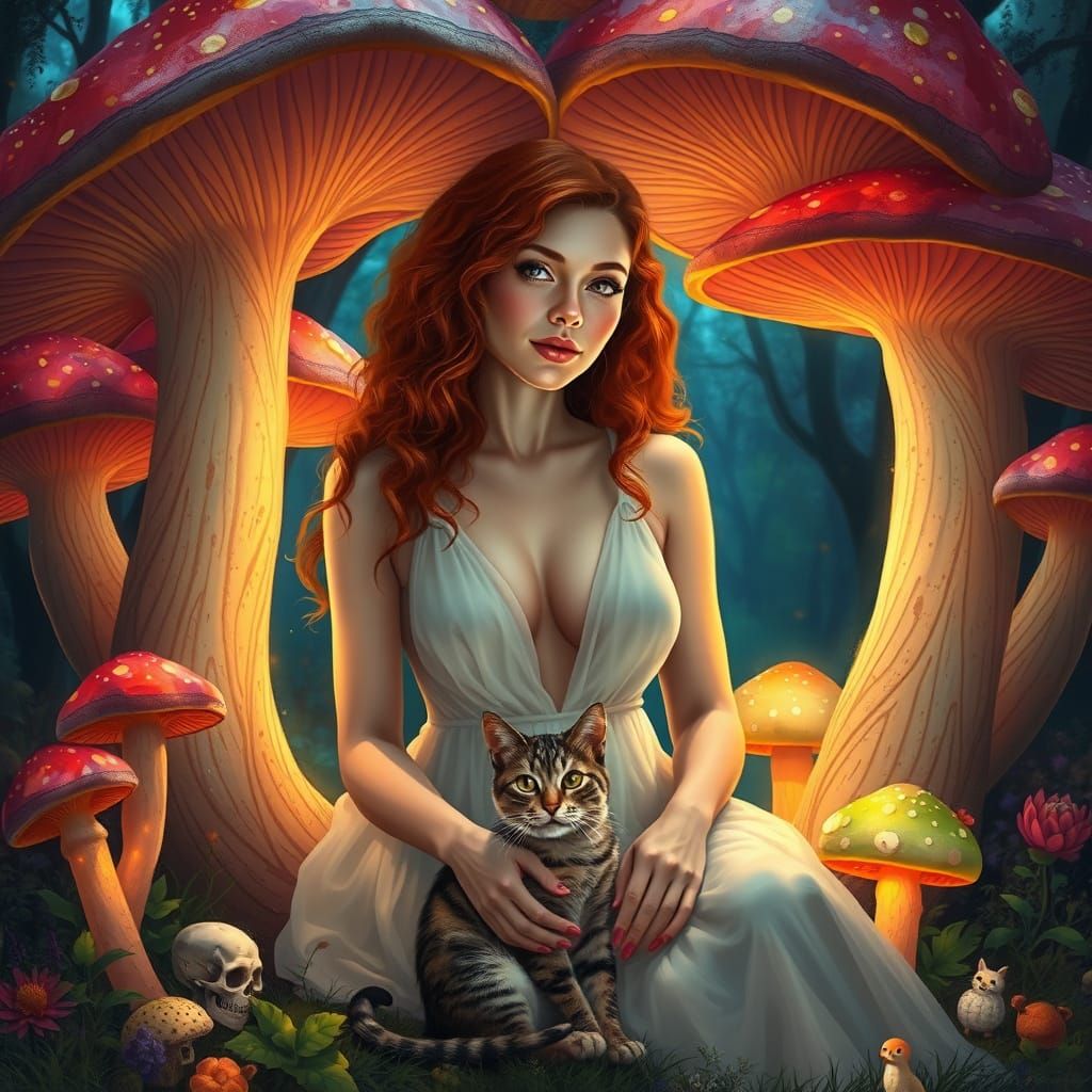 Ginger Woman in Bioluminescent Forest with Cat