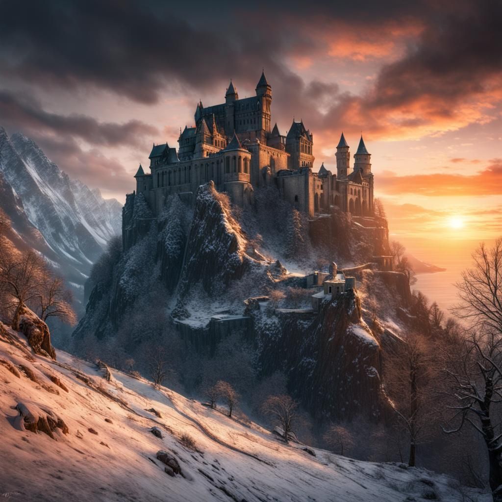 Winter Sunset Over Kaer Morhen Ruins: Hyperrealistic HDR