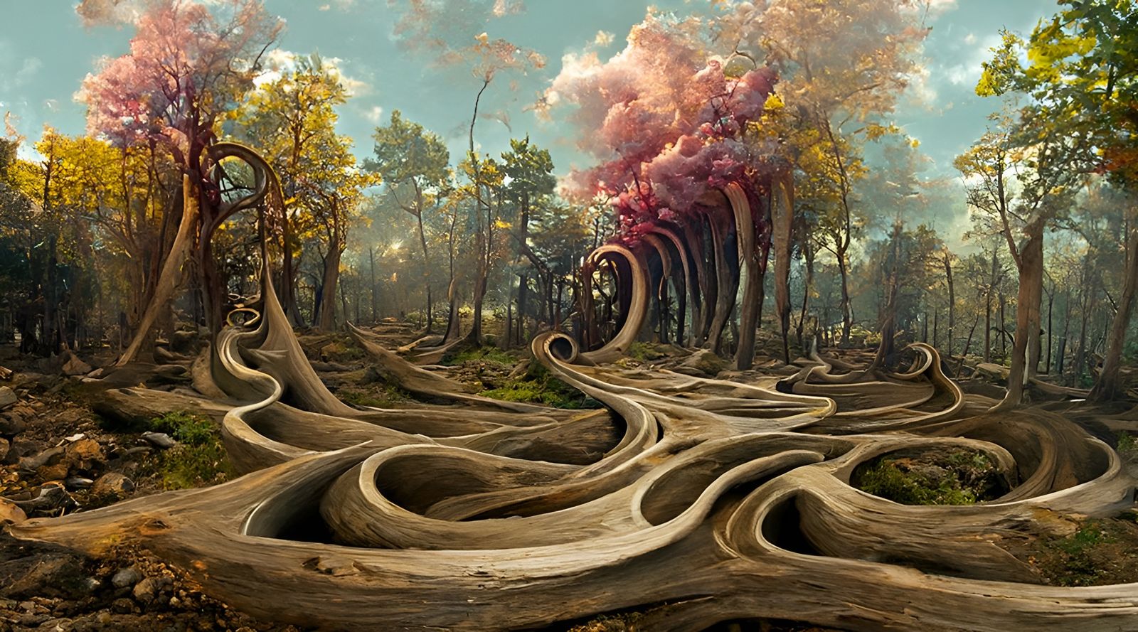 Psychedelic Forest Landscape with Twisting Roads