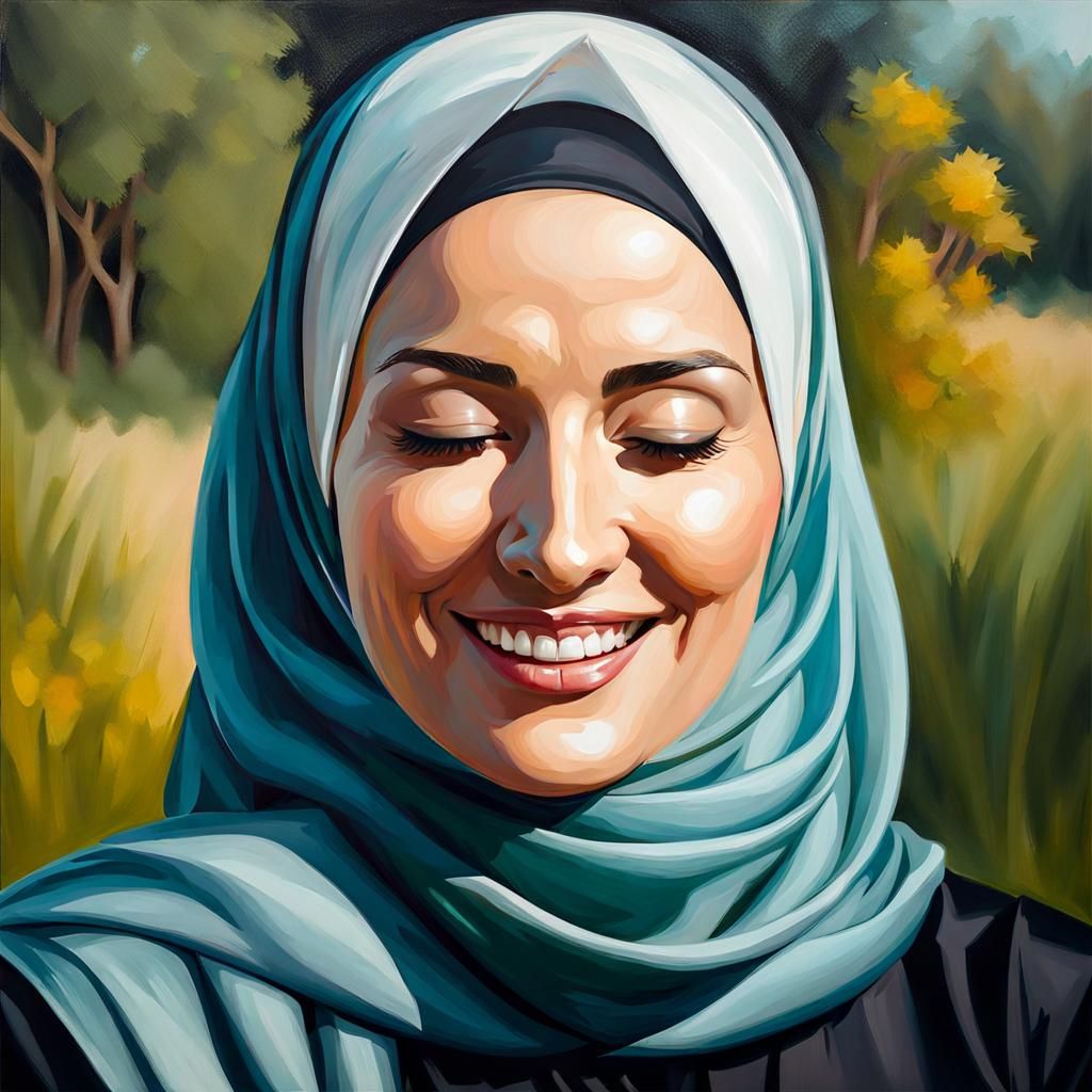 Elegant Woman in Hijab Smiling in Oil Painting