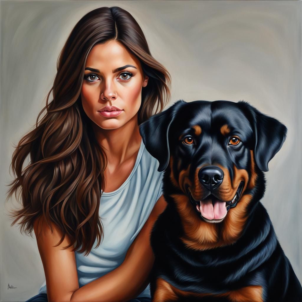 Hyperrealistic Portrait: Woman with Rottweiler