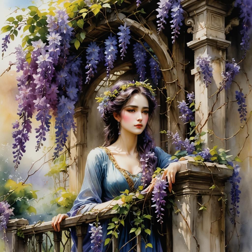 Wisteria in Bloom: A Watercolor Mansion Scene