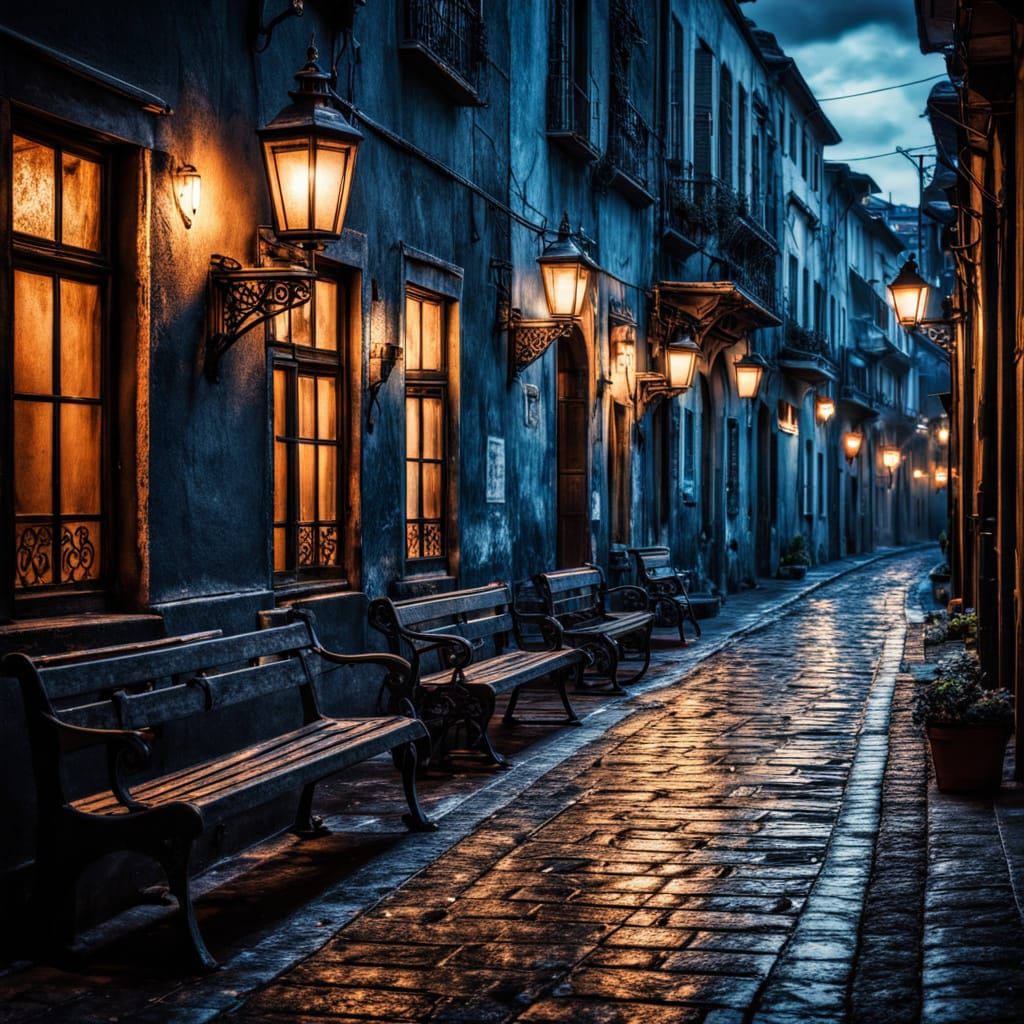 Moody Alley at Night in Hyperrealistic Style