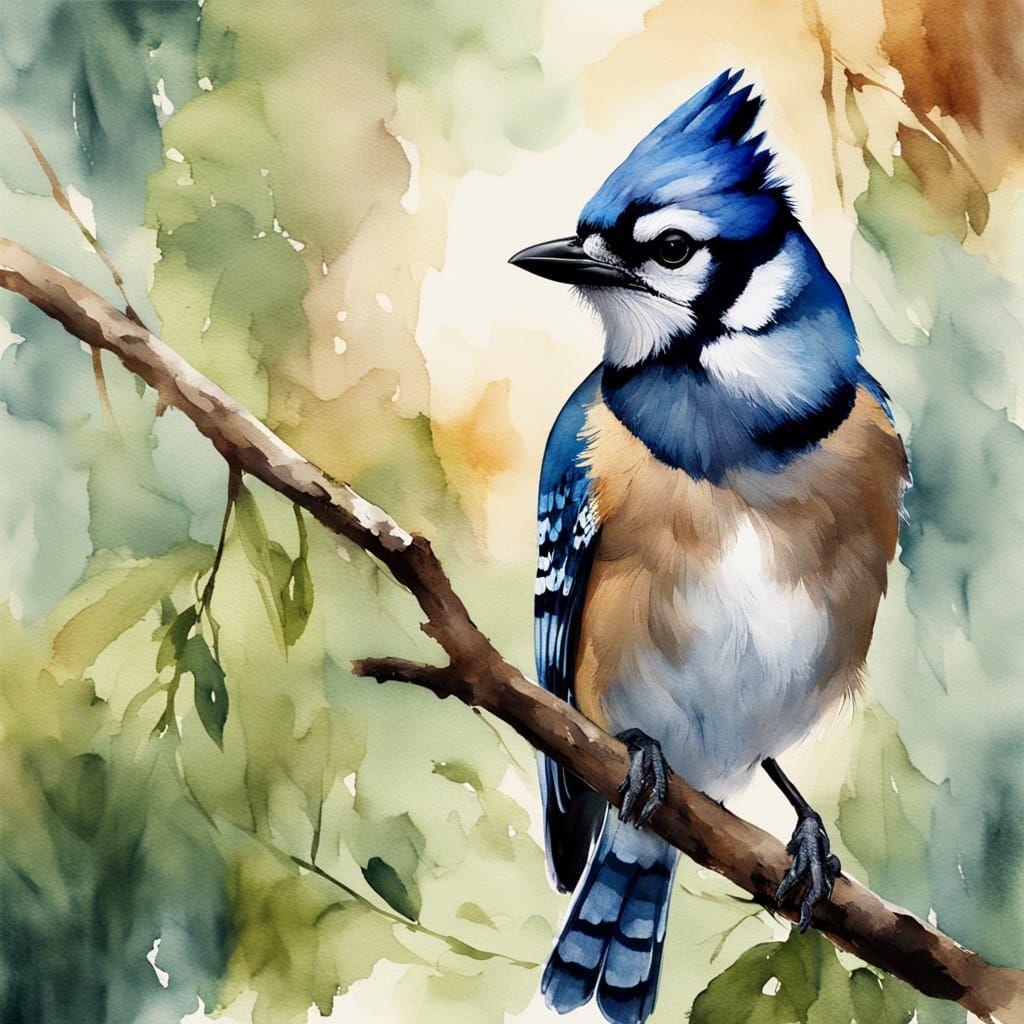 Watercolour Portrait of a Blue Jay in a Lush Forest