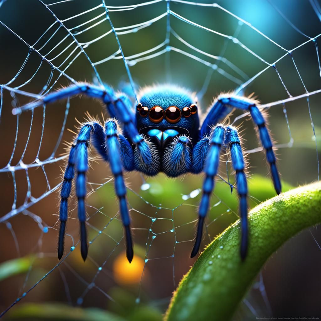 Cute Fuzzy Blue Spider on Web: Detailed Art