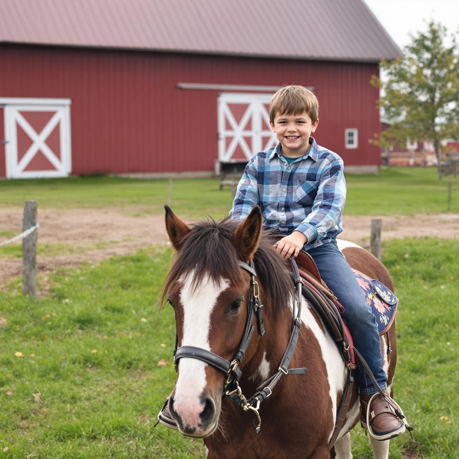 Boy Rides Pony Near Red Barn on Farm