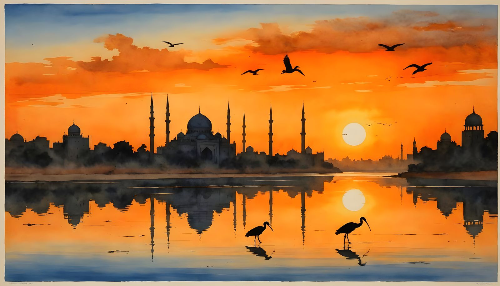 Sunrise River Scene with Ibis and Mosque in Watercolor