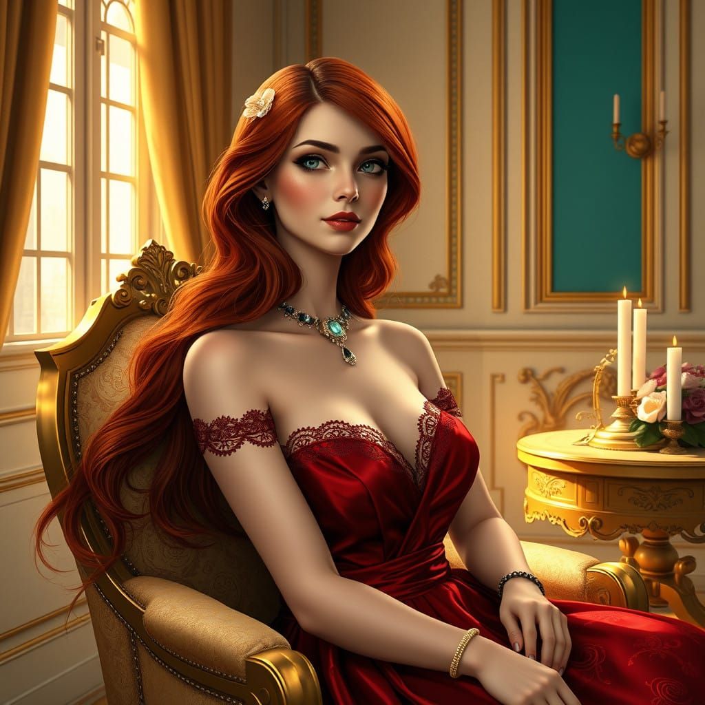 Elegant Woman in Ornate Armchair, Art Nouveau Style