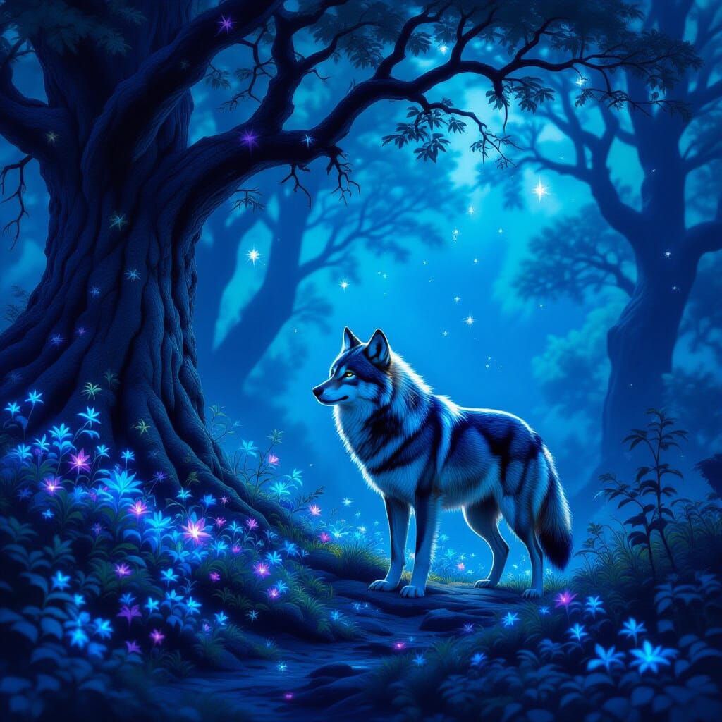 Majestic Wolf in Enchanted Forest with Bioluminescent Glow