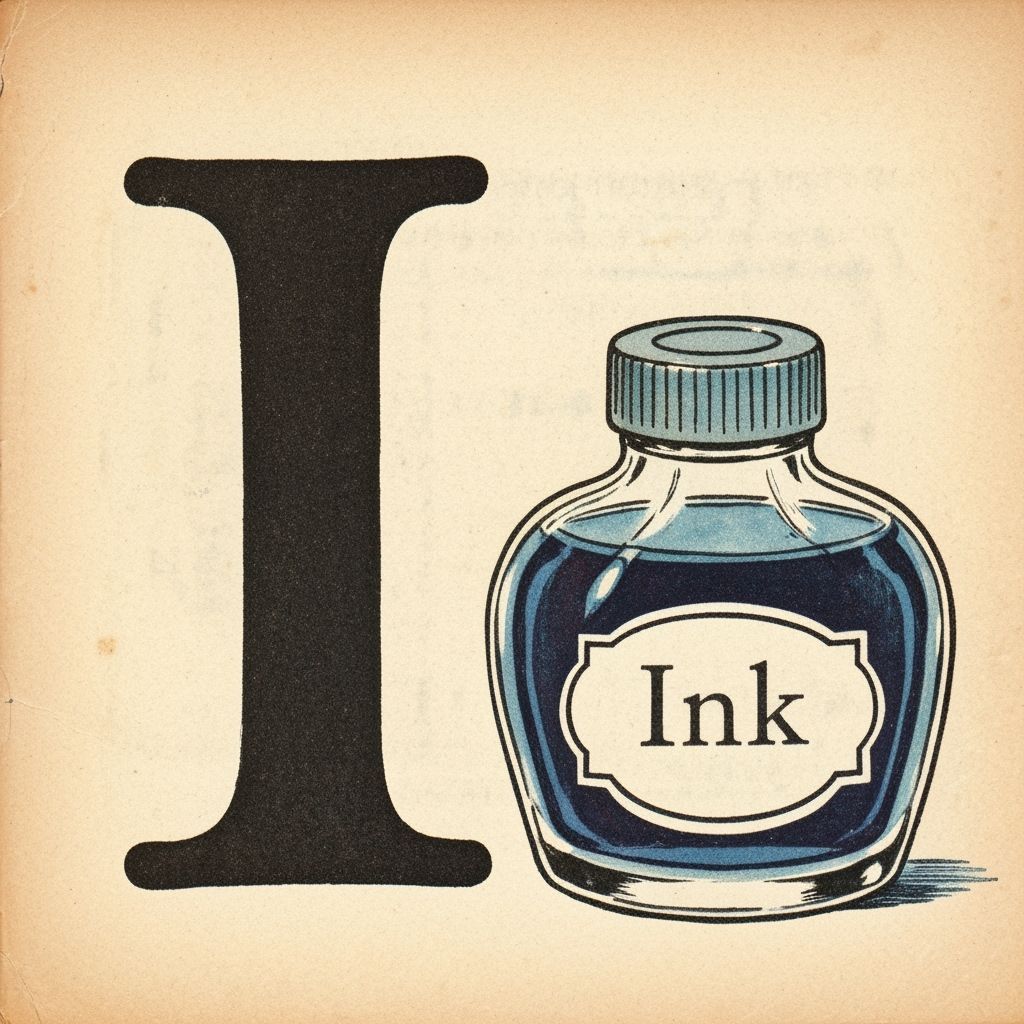 Vintage Illustration of Letter I and Ink Bottle