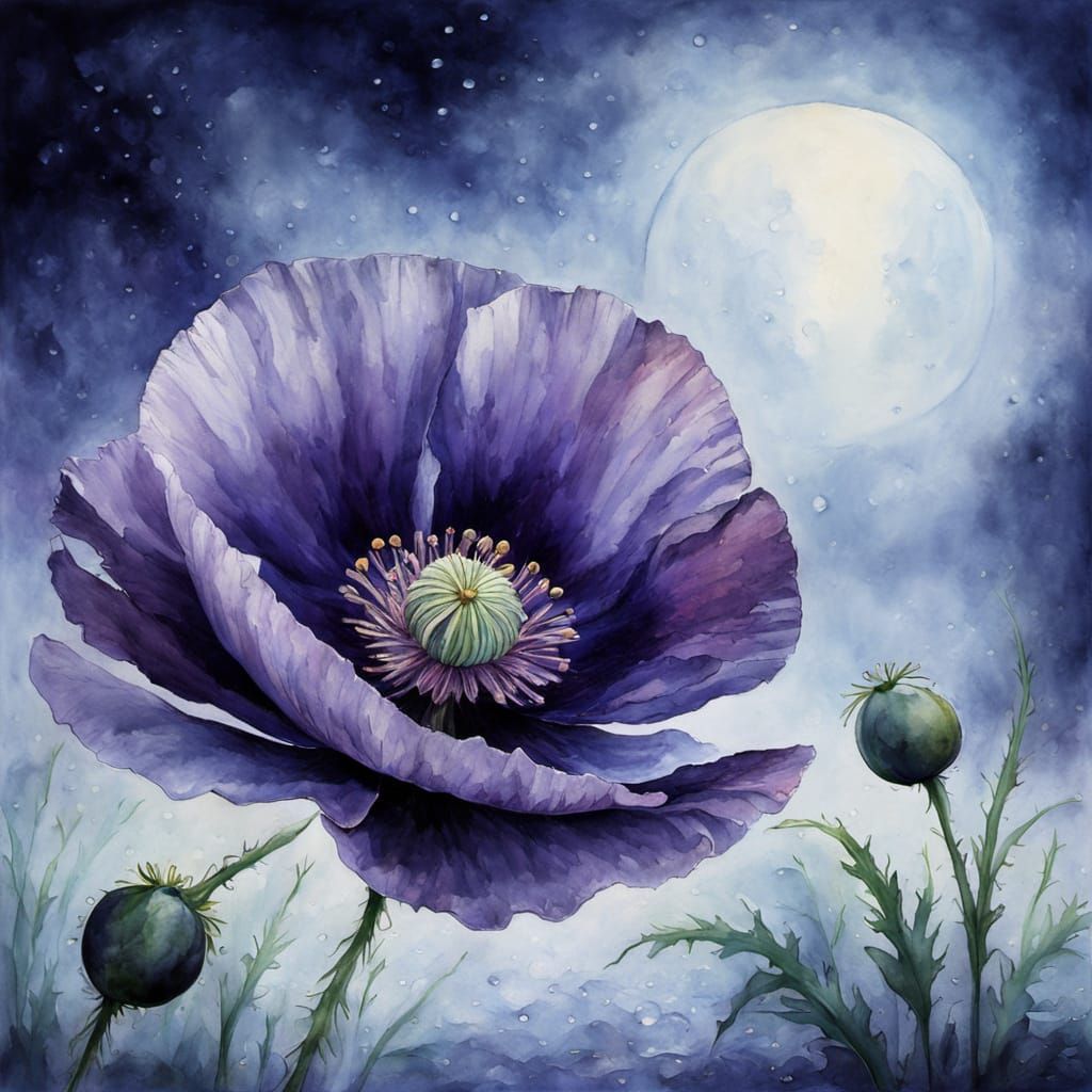 Purple Poppy in Moonlight Watercolor Painting