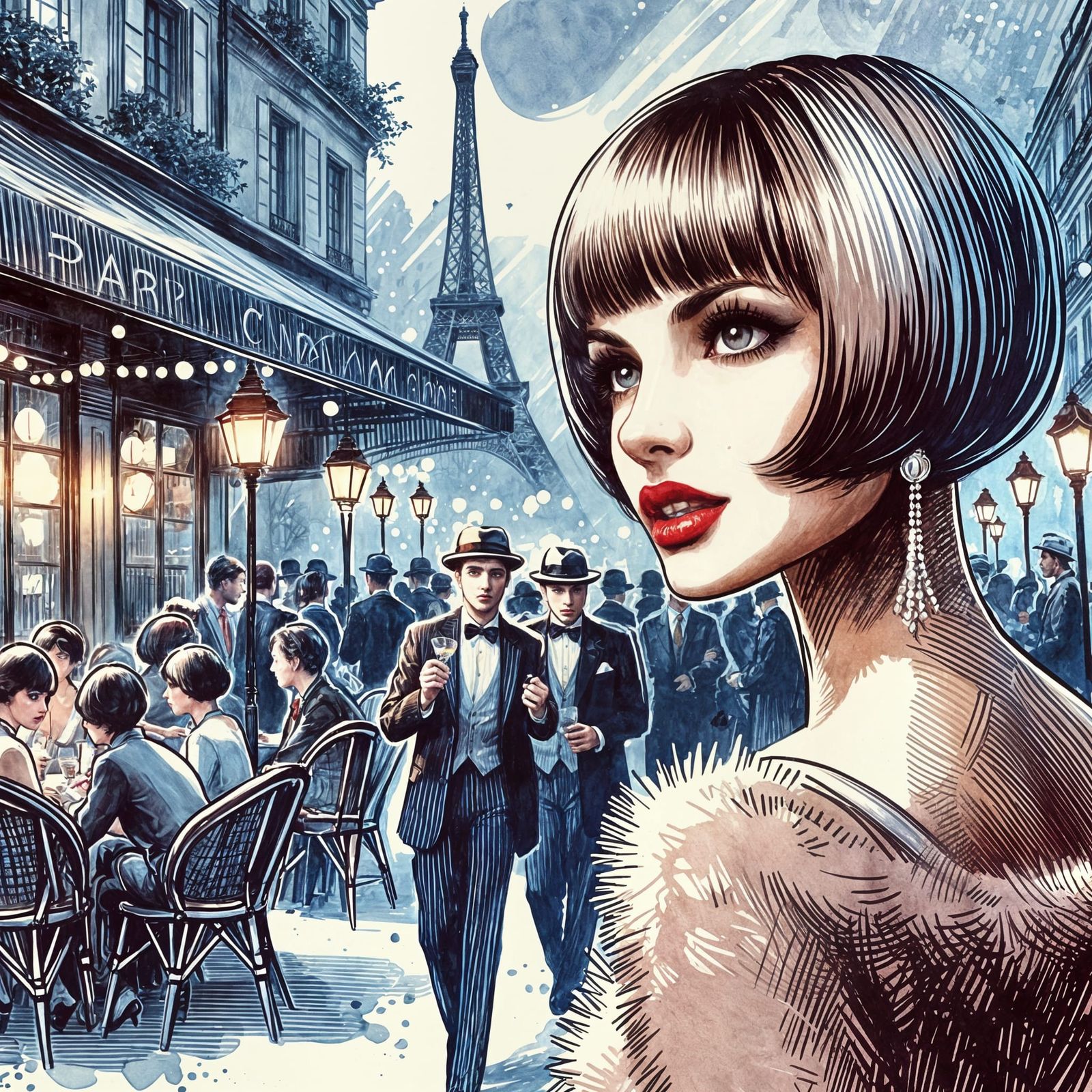 Paris Night Art Deco Scene with Flapper Girl