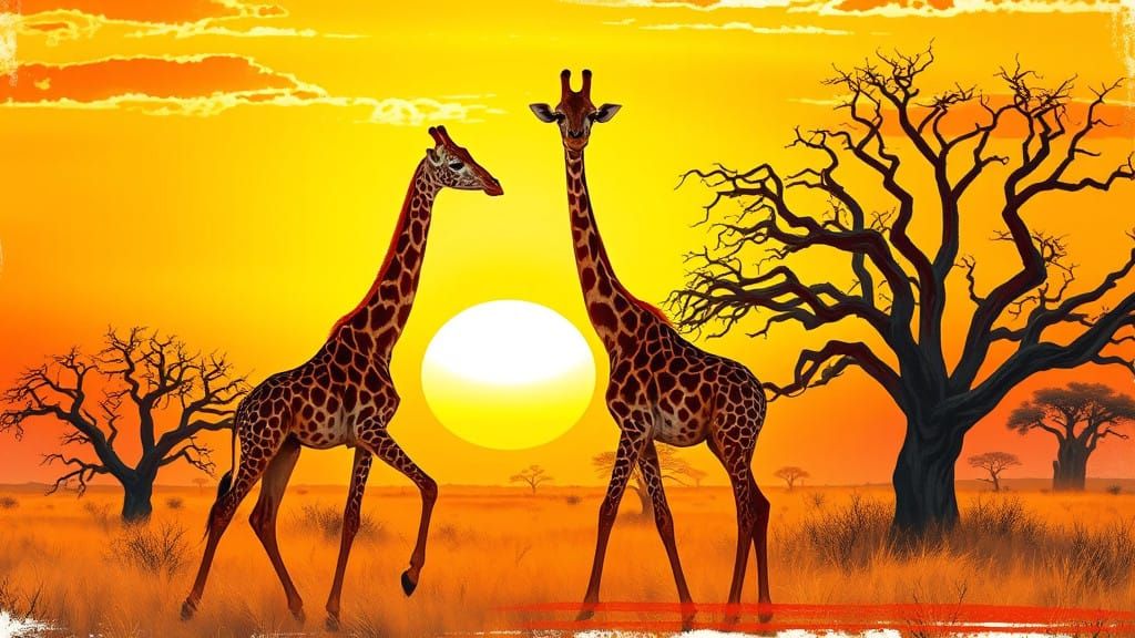 Giraffes in the Sunset African Savannah in Expressive Digita...