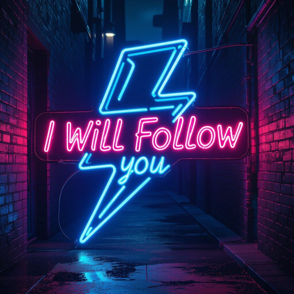 Neon Lightning Bolt Sign in Dark Alleyway