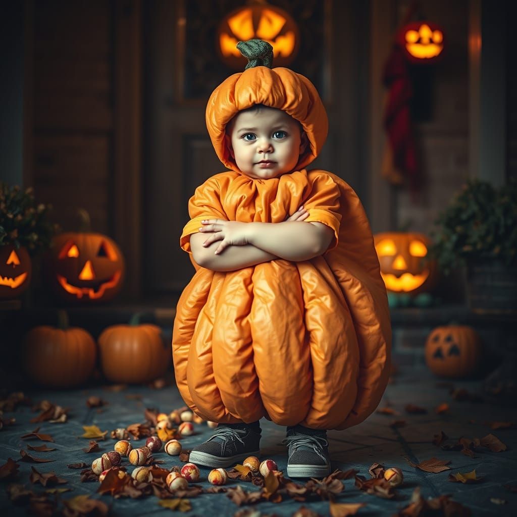 Toddler Pumpkin Boss Demands Treats at Door
