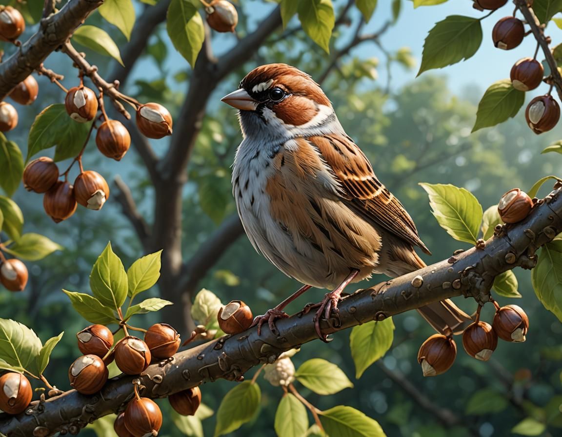 Sparrow and Hazelnuts in Hyper-Realistic Anime Style