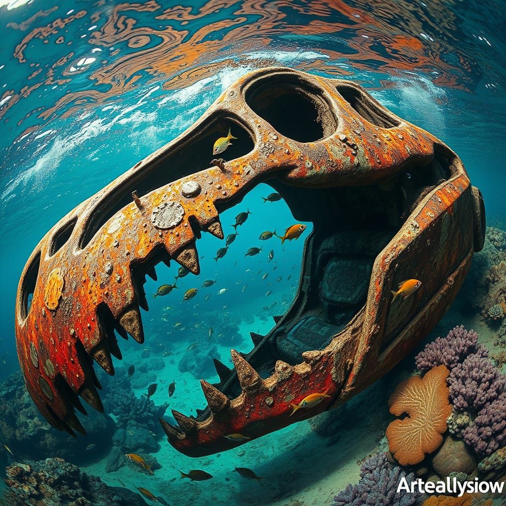 Underwater T-Rex Car Wreck in Deep Color