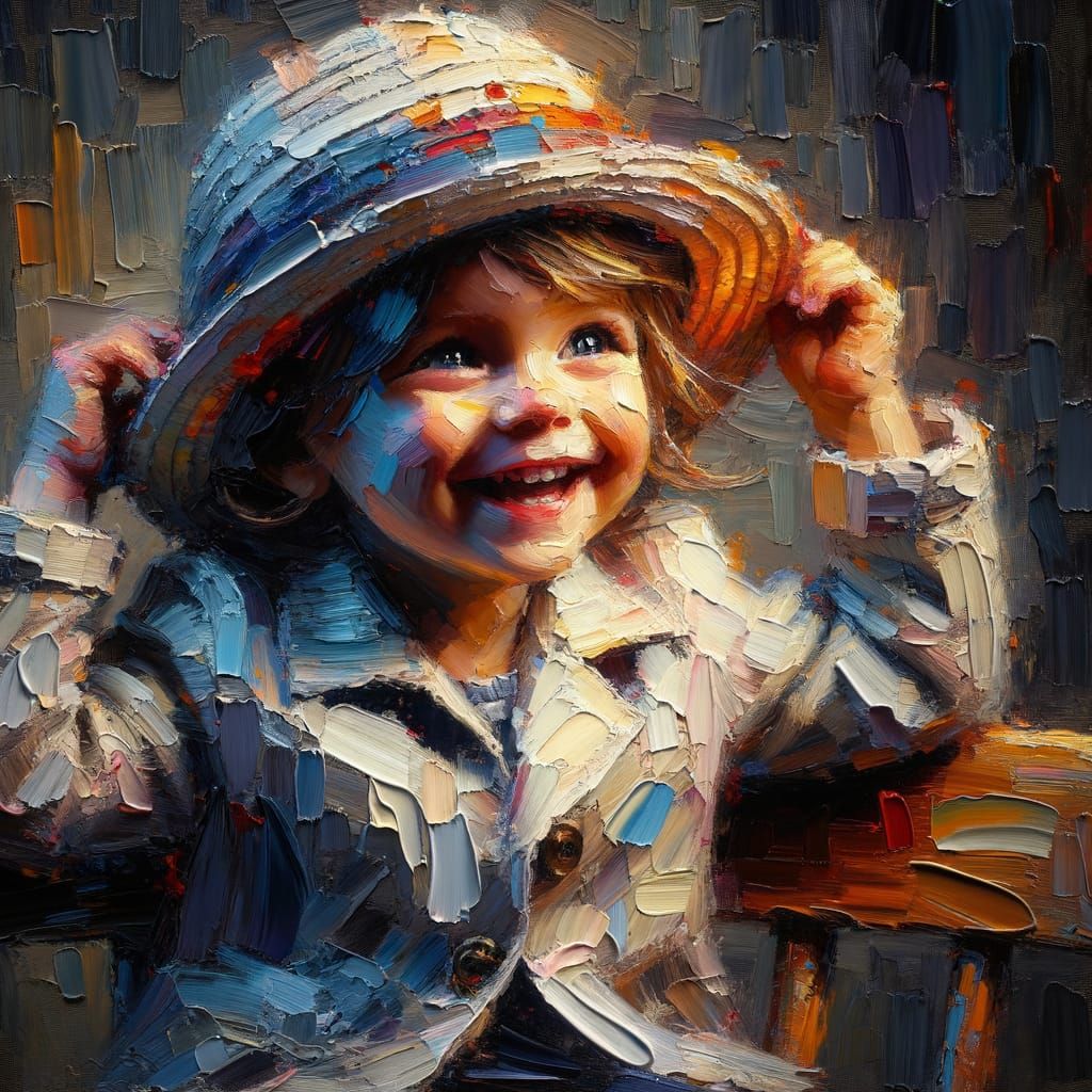 Child's Cheerful Expression in Textured Impasto Painting